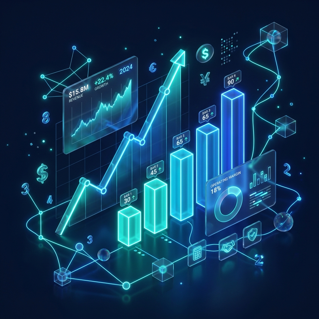 Painel financeiro 3D demonstrando gráficos de crescimento e colunas azuis brilhantes